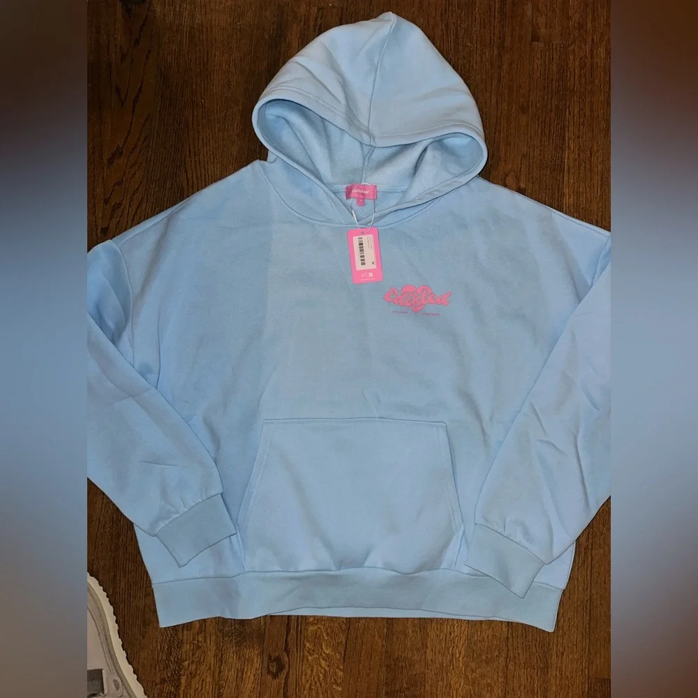 Edikted Light Blue Hoodie with Pink Heart Script Front Back - NWT Medium - Picture 1 of 5